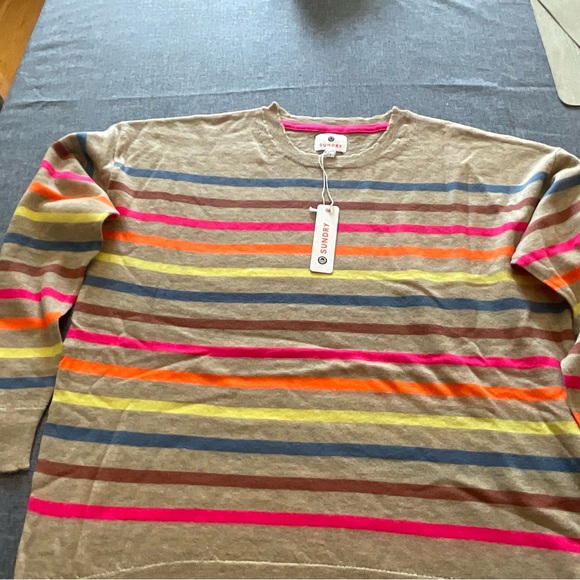 NWT Sundry Rainbow MultiStripe Crewneck Sweater in Cream MSRP $199 - Picture 8 of 11
